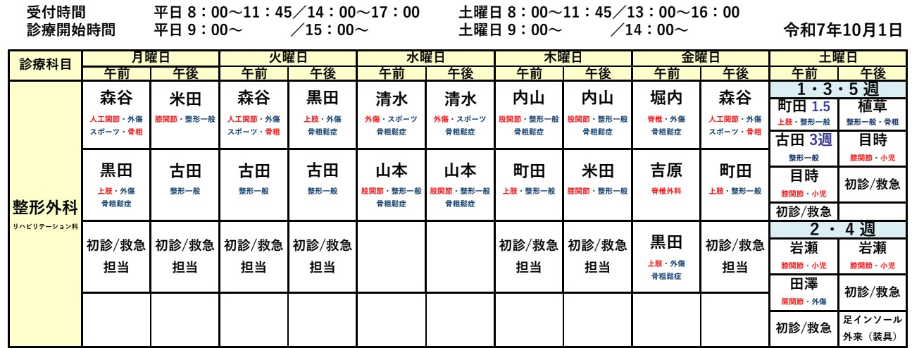 整形外科 外来担当表のイメージ